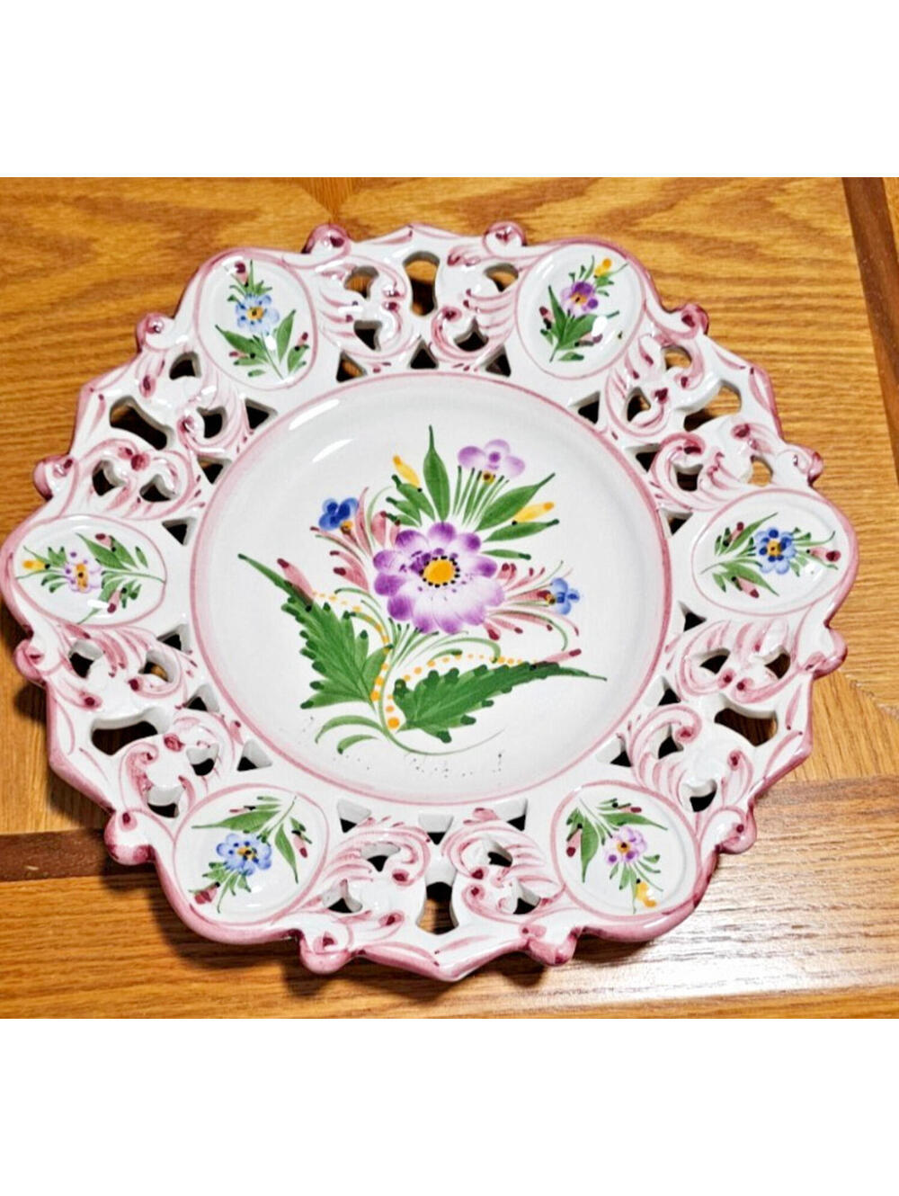 Vintage Hand Painted Rose Floral RCCL Portugal Plate 11" Porcelain Art  Signed